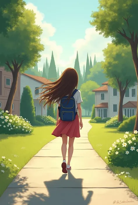 A girl walking calmly to school with her back turned with long brown hair