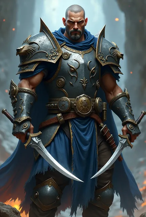 Create a full body rogue, with epic gray and blue armor, with wolf carvings, short hair, mustache and goatee and clean shaven. A dagger in each hand.