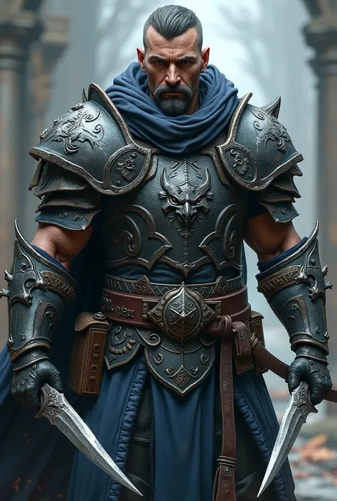 Create a full body rogue, with epic gray and blue armor, with wolf carvings, short hair, mustache and goatee and clean shaven. A dagger in each hand.