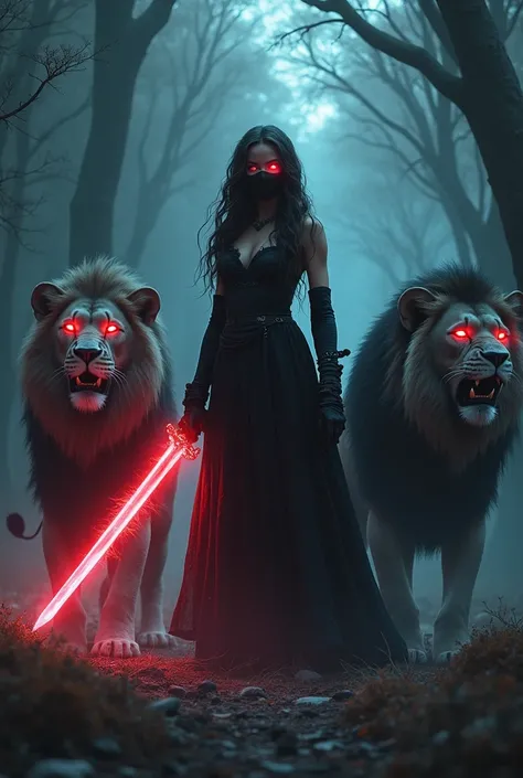  beautiful taller girl eye glowing RGB  aura cute face black mask  take sword glowing red aura white  wavy long  bohemi hair warrior black dress biggest white lion glowing green eyes horror background in forest big black lion roar when attack monster front...