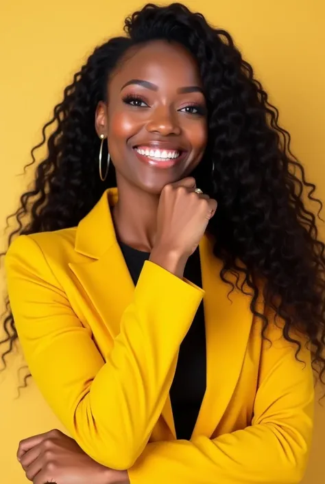 Realistic photo of a successful black woman with long wavy hair wearing a yellow blazer, and is very confident and happy, with a successful woman pose, ONLY THE FACE, now with a light yellow background and with the hand on the chin 