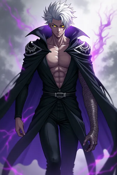 I want you to create a character that has gravity abilities and is a necromancer and has yellow eyes and white hair and a half draconic arm and has a spider cloak, the cloak is black and white, and I want you to make it a male anime version, now make this ...