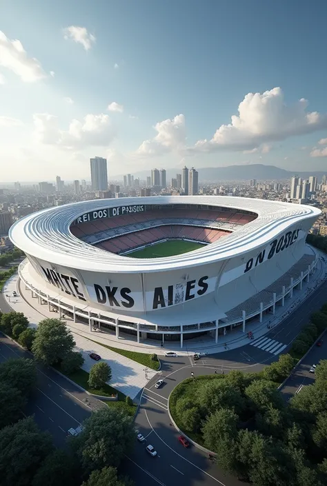 "Design a football stadium in a modern style. The stadium should prominently display the team name White DKS and the phrase Rei dos Passes somewhere on the exterior or interior. Ensure the stadium design is in high-definition 4K."