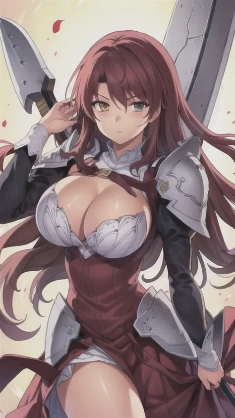 masterpiece,best quality,kim_kwang_hyun, 1girl, solo, long hair, huge breasts, looking at viewer, blue eyes, brown curly hair, large breasts, long sleeves, dress, cleavage, closed mouth, weapon, puffy sleeves, arm up, clothing cutout, copyright name, red d...