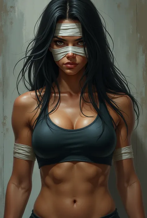 Woman with her face bandaged  black hair, training clothing, strong body, piercing gaze, not so young