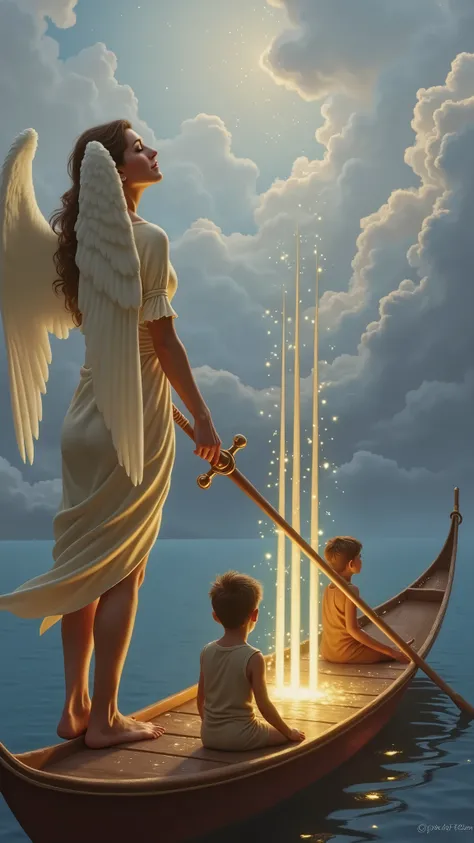 Design a stunning and highly detailed image for the “Six of Lights” card in the Lumen Angelis deck, inspired by the “Six of Swords” from the Rider-Waite Tarot. It depicts an angel seen from behind, guiding with an oar, in the manner of a Venetian gondolier...