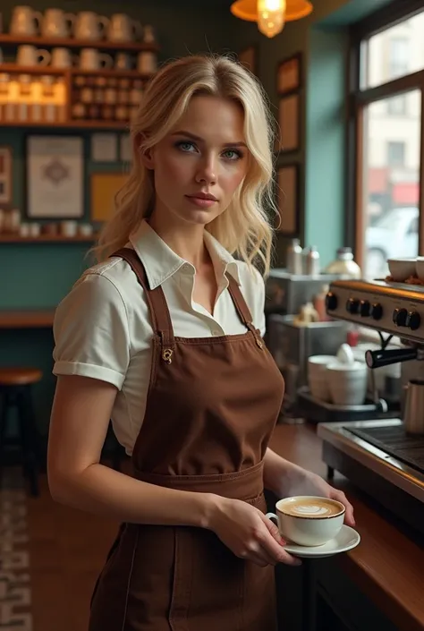 Generate realistic image of a woman with the appearance of actress Jennifer Morrison. blonde, dressed in a brown waitress uniform, in a classic New York coffee shop. 