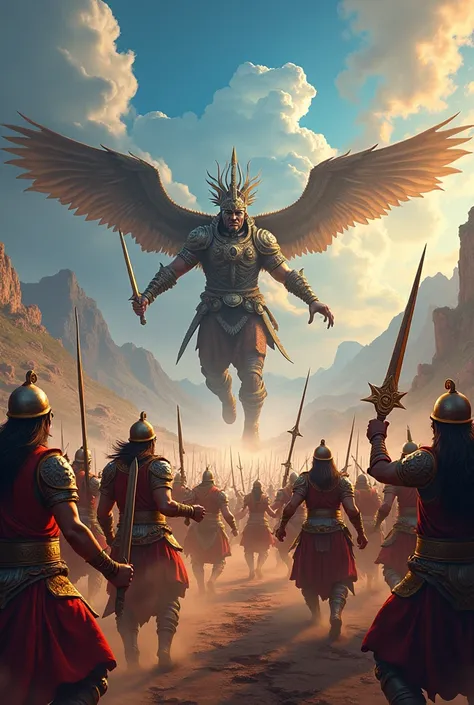 In cinematic 3d cartoon style" Depict the epic battle between Ram’s army and Ravan’s forces, with warriors clashing and divine weapons being wielded under a dramatic sky."