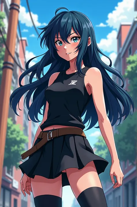 Sixteen year old girl with long blueish black hair, good physique, black sleeveless shirt and a short black skirt with long black measurements who lives in My hero academia 