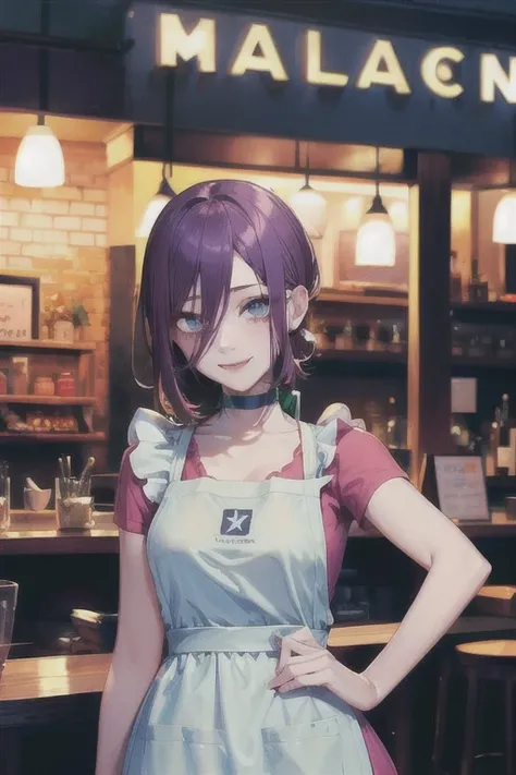 (Highest quality)、(Highest quality)、cut、Chainsaw Man、cute、(choker).eyes are emerald、Her hair is purple、Short Bob、Beautiful night view、whole body、detailed、強力なdetailed、cut、((Save face image)).((Cafe capacity)).((smile)).((Daytime)).((apron)).