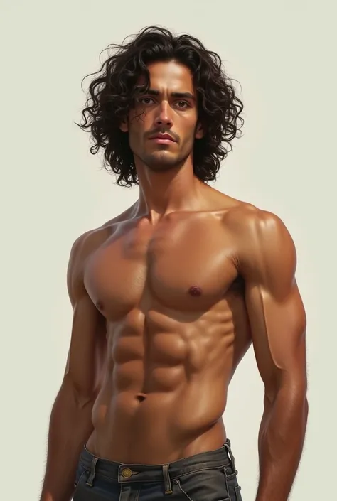 Make a good MAN with curly, dark brown and long hair, thin physique with completely naked muscle 