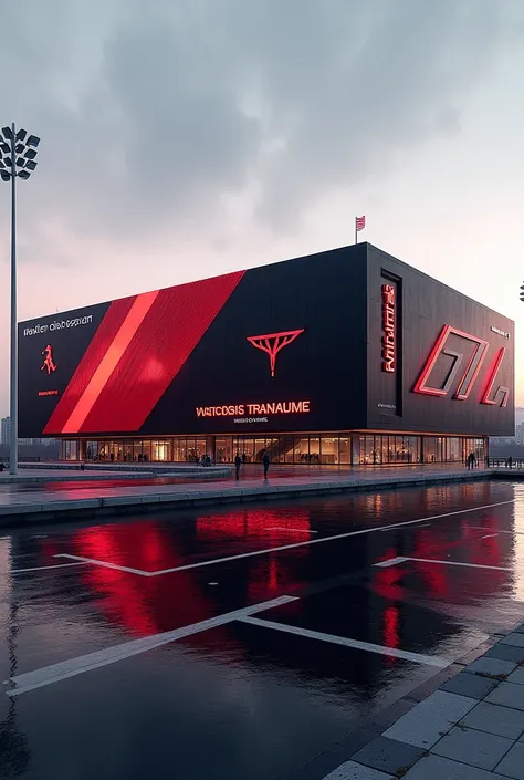 "Design a football stadium in a modern style using black and red colors. Incorporate the team name White DKS and the phrase Rei dos Passes prominently on the stadiums exterior or interior. Ensure the design is in high-definition 4K."