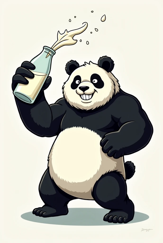 Draw a cool, fierce, and funny panda shaking a milk bottle.