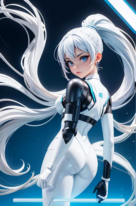 Full body cyber girl with a ponytail. Ariana Grandes face. Bright white color to show shes a cyber girl whit laser rifle. white eyebrows. clothing like catsuit. She also has bright blue eyes. The environment is terminator like. Hair is platina. She is lit ...