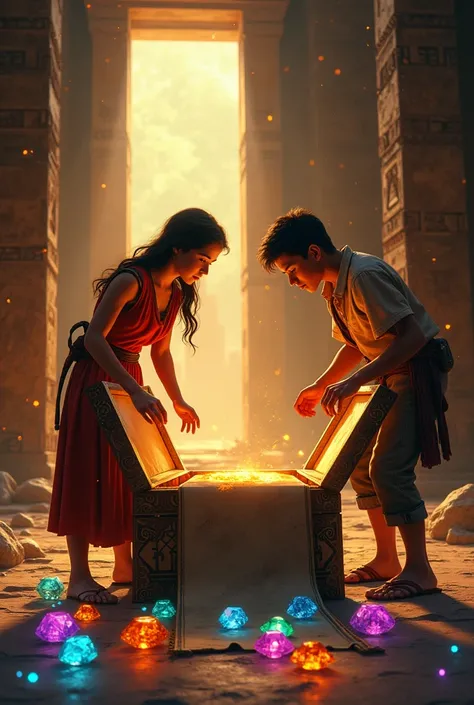 the girl Liz and Jhon Luis the young man opening the temple chest, with brilliant gems and a scroll that reveals the true wealth of the island. u v 