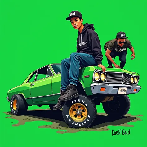 G-FUNK Hip Hop Album Cover, Green Background, Green Car, With If WONA behemes a gangster on the back of the painting, an Asian teenager wearing a black LA hoodie, a black LA ball cap with a deep press and a wide blue jeans, lets one sit on top of the car a...