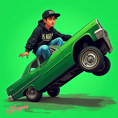 G-FUNK Hip Hop Album Cover, Green Background, Green Car, With If WONA behemes a gangster on the back of the painting, an Asian teenager wearing a black LA hoodie, a black LA ball cap with a deep press and a wide blue jeans, lets one sit on top of the car a...