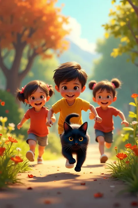 3 kids chasing a black cat 