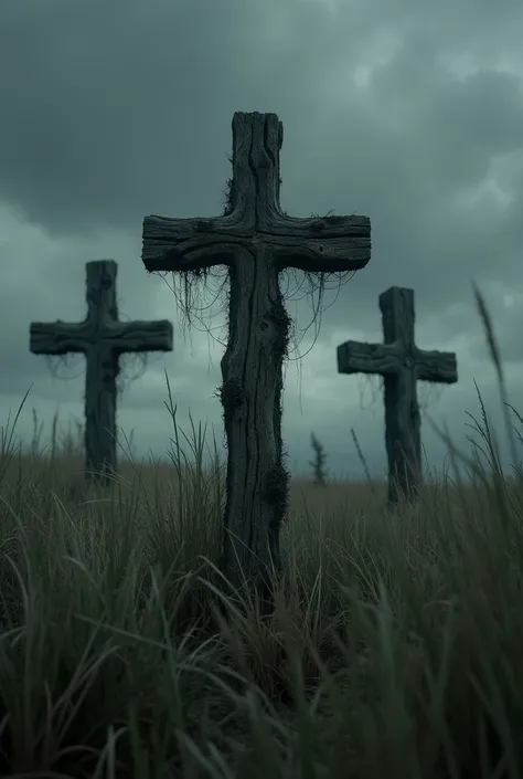 Very realistic dark photo Three very old wooden crosses in tall grass in gothic style 