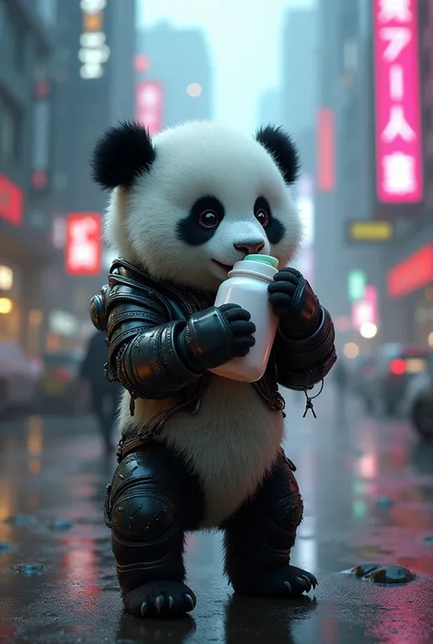 Draw a cool picture of a baby panda wearing a futuristic filter suit shaking a milk bottle.