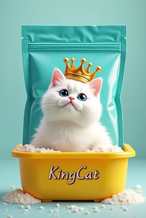 create a 4kg plastic bag for cat litter. It has to have turquoise colors , golden and white, a realistic photo of a chubby white cat with blue eyes sitting in a yellow plastic box with white sand with a charming look and a king&#39;s crown. It must have th...