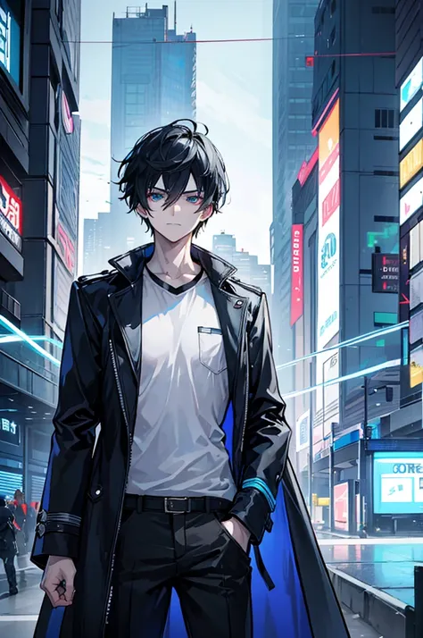 초상화, Face_through_torso, A well-groomed male protagonist with short, sleek black hair and sharp blue eyes. He has a faint smile on his face, giving off a calm and confident demeanor. He is wearing a black t-shirt underneath a white trench coat with blue ne...