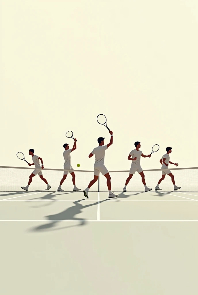 Minimalist and artistic image of Novak Djokovic alongside other prominent male tennis players, how Nadal, Sinner, Alcaraz, Rublev. In the background a tennis court, and soft colors. Let the players come out in full body playing a match. And put the phrase ...