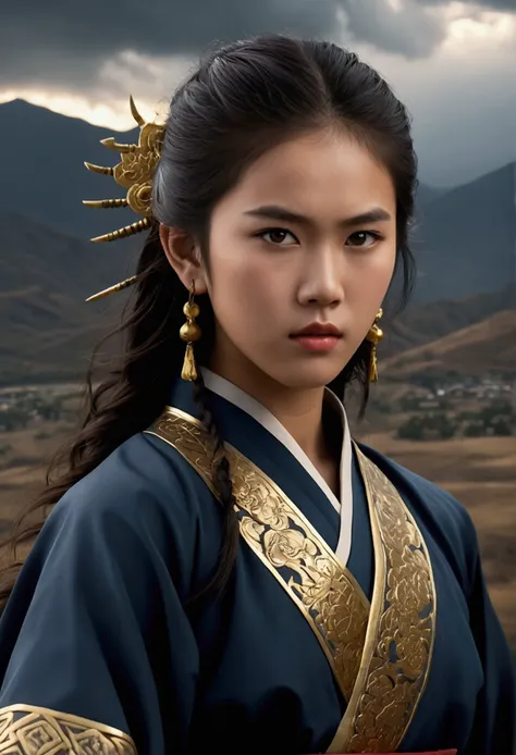 a young teenager with fierce golden eyes, detailed facial features, flowing dark hair, wearing a traditional asian-inspired outfit, standing in a dramatic landscape with stormy clouds, mountains, and lightning in the background, cinematic lighting, highly ...