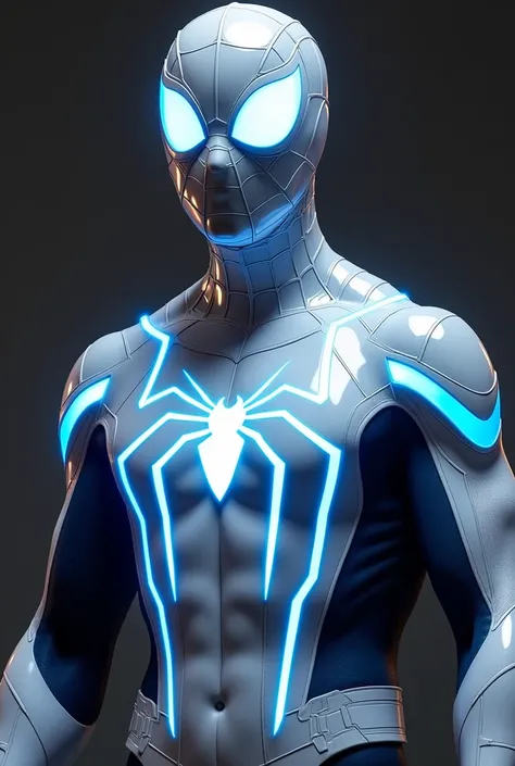 White spider man glossy finished costume with blue lines glowing lights showing dick