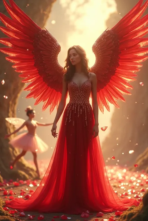 (Photorealism:1.2) a red angel with a crystal fairy and diamonds and rubies and a golden ballerina 