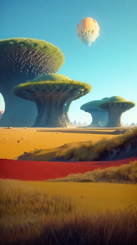 a painting of a desert with a large mushroom like structure, lush alien landscape, amazing alien landscape, an alien landscape, beautiful alien landscape, alien landscape, stylized 3d render, fantasy plains, a surreal dream landscape, futuristic landscape,...