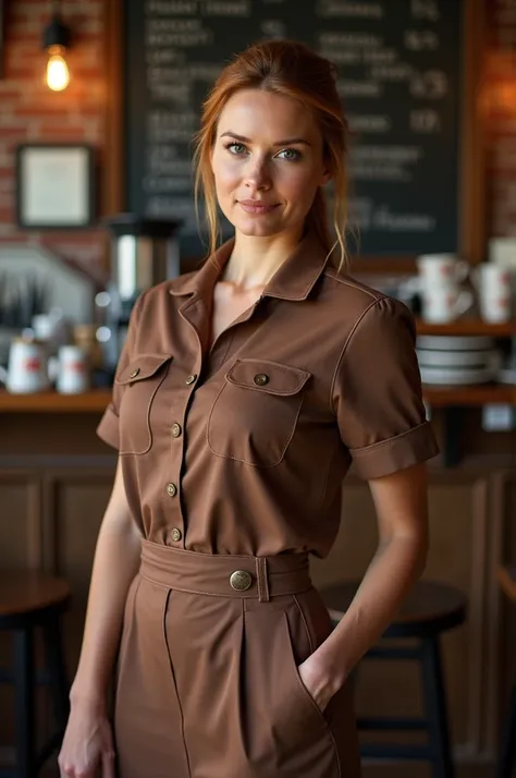 A photo of actress Jennifer Morrison in a brown waitress uniform, in a New York coffee shop