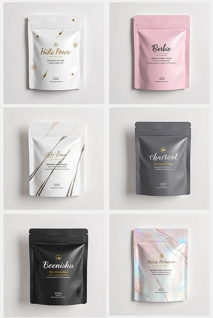 Make these soap packaging ideas, the brand name is BEENISHA SKIN ESSENTIALS:

Kili Power Whitening Soap: White or light gray pouch with a subtle pattern of stars or lightning bolts, symbolizing power and brightness.

Barbie Whitening Soap: Soft pink pouch ...