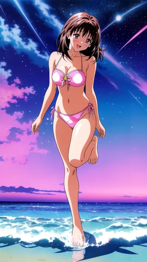 Anime illustration　Yoshizuki_Iori, 1 person, Pink bandeau bikini, Big Breasts、 blush, Cute Smile　Open your mouth, Are standing, (She walked along the starry beach at night, touched the water with bare feet, and came closest to that smile), barefoot, Two Ar...