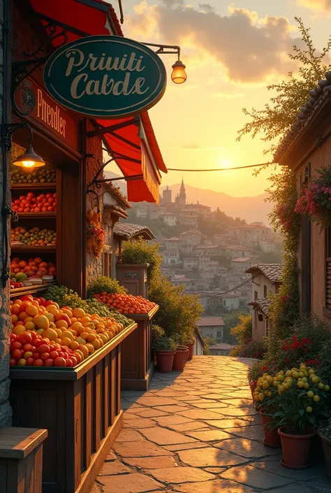 vintage photograph,fruit shop, sunset townscape