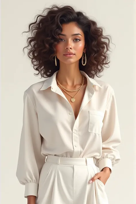  brunette with curly hair with a white blouse a white skirt and white sneakers with earrings necklaces