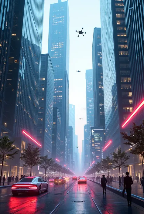 Futuristic business district in the near future, featuring tall glass buildings reflecting modern technologies. The city is vibrant with neon lights, futuristic autonomous vehicles, and drones flying overhead. Streets are illuminated by smart lights, and t...