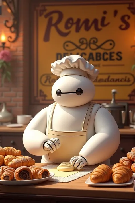 Baymax pastry chef with Romi&#39;s Delicacies logo (Spanish logo)