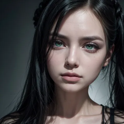 A close-up portrait of a young woman between 25 and 30 years old, with long, black hair, and pale white skin. Her dark green eyes are striking, enhanced by bold makeup. She embodies a Brazilian rock and gothic style, with an alternative edge. The expressio...