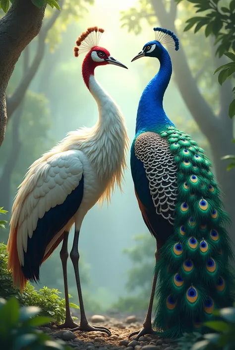 (best quality,4k,8k,highres,masterpiece:1.2),ultra-detailed,(realistic,photorealistic,photo-realistic:1.37),beautiful detailed crane,beautiful detailed peacock,detailed feathers,intricate patterns,vibrant colors,dynamic composition,natural lighting,concept...