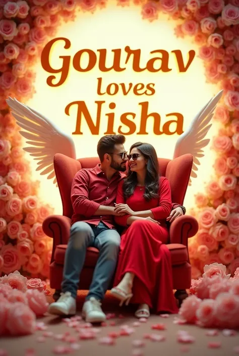 Create a 3D illusion for a profile picture where a 2 cute couple in red casual wearing and sun glasses sitting comfortably on a wingback chair, with "Gourav love Nisha” written in big and bold Yellow letters on a white lit wall at the back. There dhould al...