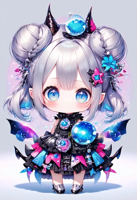 fantasy world that combines flower-punk and gem-punk, kawaii, cute magical girl, silver two side twin bun silky straight with blunt bang, cute lazy look, blue big eyes, glamorous proportions, wearing magical girl costume with a large opening at the chest, ...