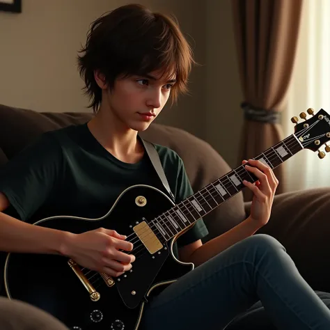 Young man medium brown hair brown eyes playing les paul  black beauty on sofa 8k ultrarealistic 