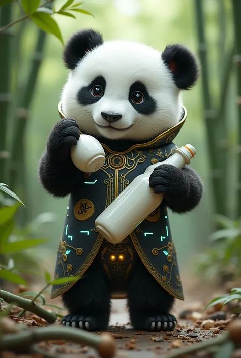 Draw a picture of a baby panda wearing a futuristic Chinese costume, shaking a bottle of milk, standing in a bamboo field. So cool.