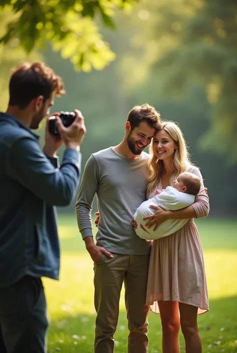 Jhon, which is his name, is 2, has brown hair and dark eyes, and is in the park with his family, which are his short blonde wife and his newborn baby son in the girl&#39;s arms., while a short 40-year-old man with dark hair and light eyes takes a photo of ...