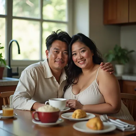 Indonesian couple. The man is a normal body wearing simple pajamas. With The woman is a little chubby and huge breasted, messy hair,  wearing sleeveless knee-nght nightgown. Nice kitchen with morning light as a background detail. Sit on dining table with s...