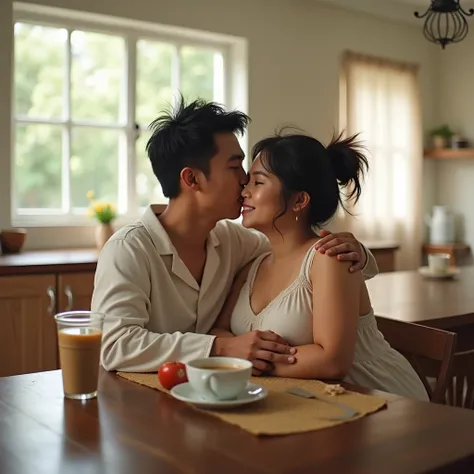 Indonesian couple. The man is a normal body wearing simple pajamas. With The woman is a little chubby and huge breasted, messy hair,  wearing sleeveless knee-nght nightgown. Nice kitchen with morning light as a background detail. Sit on dining table with s...