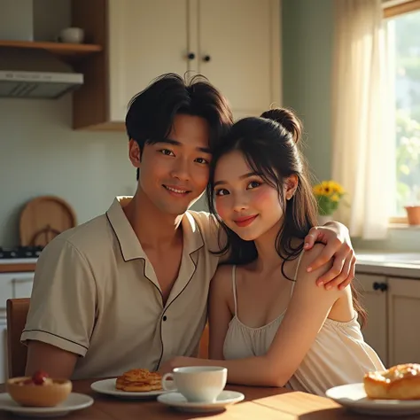 Indonesian couple. The man is a normal body wearing simple pajamas. With The woman is a little chubby and huge breasted, messy hair,  wearing sleeveless knee-nght nightgown. Nice kitchen with morning light as a background detail. Sit on dining table with s...