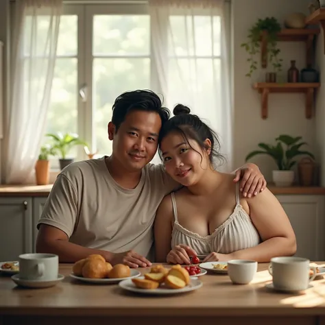 Indonesian couple. The man is a normal body wearing simple pajamas. With The woman is a little chubby and huge breasted, messy hair,  wearing sleeveless knee-nght nightgown. Nice kitchen with morning light as a background detail. Sit on dining table with s...