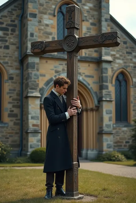 19-year-old man hugging a cross outside a church in 19th-century clothing